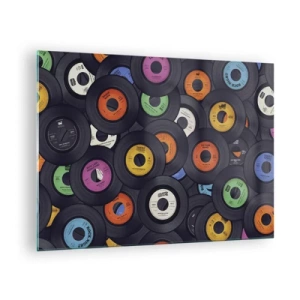 Cuadro sobre vidrio - Impresiones sobre Vidrio - Discos de vinilo de colores sobre un fondo negro - 70x50cm - Colores de los clásicos - Decoración de pared moderna para salón y dormitorio ARTTOR