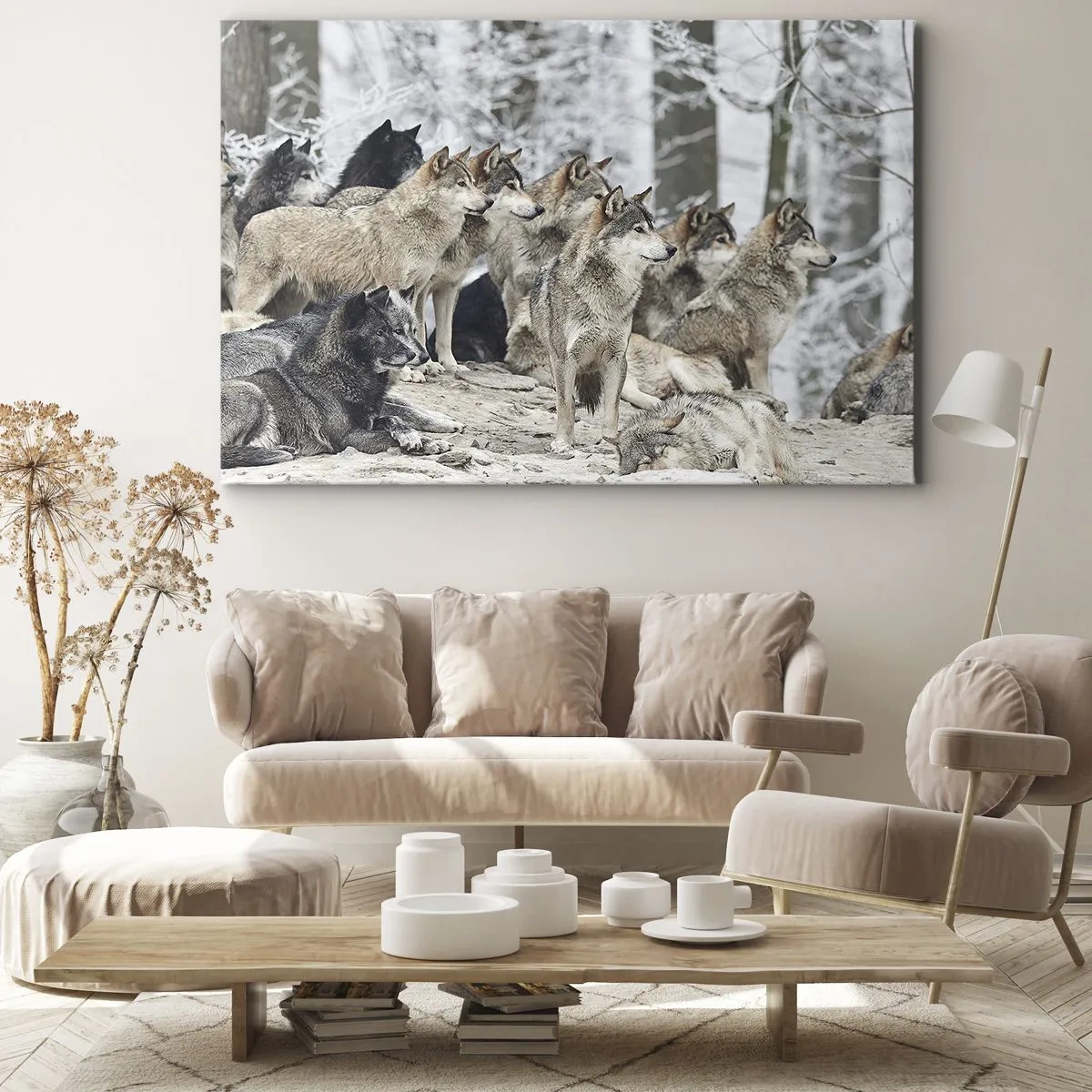 Cuadro sobre lienzo - Impresión de Imagen - Una manada de lobos en el bosque invernal. - 70x50cm - Familiares y amigos - Decoración de pared moderna para salón y dormitorio ARTTOR