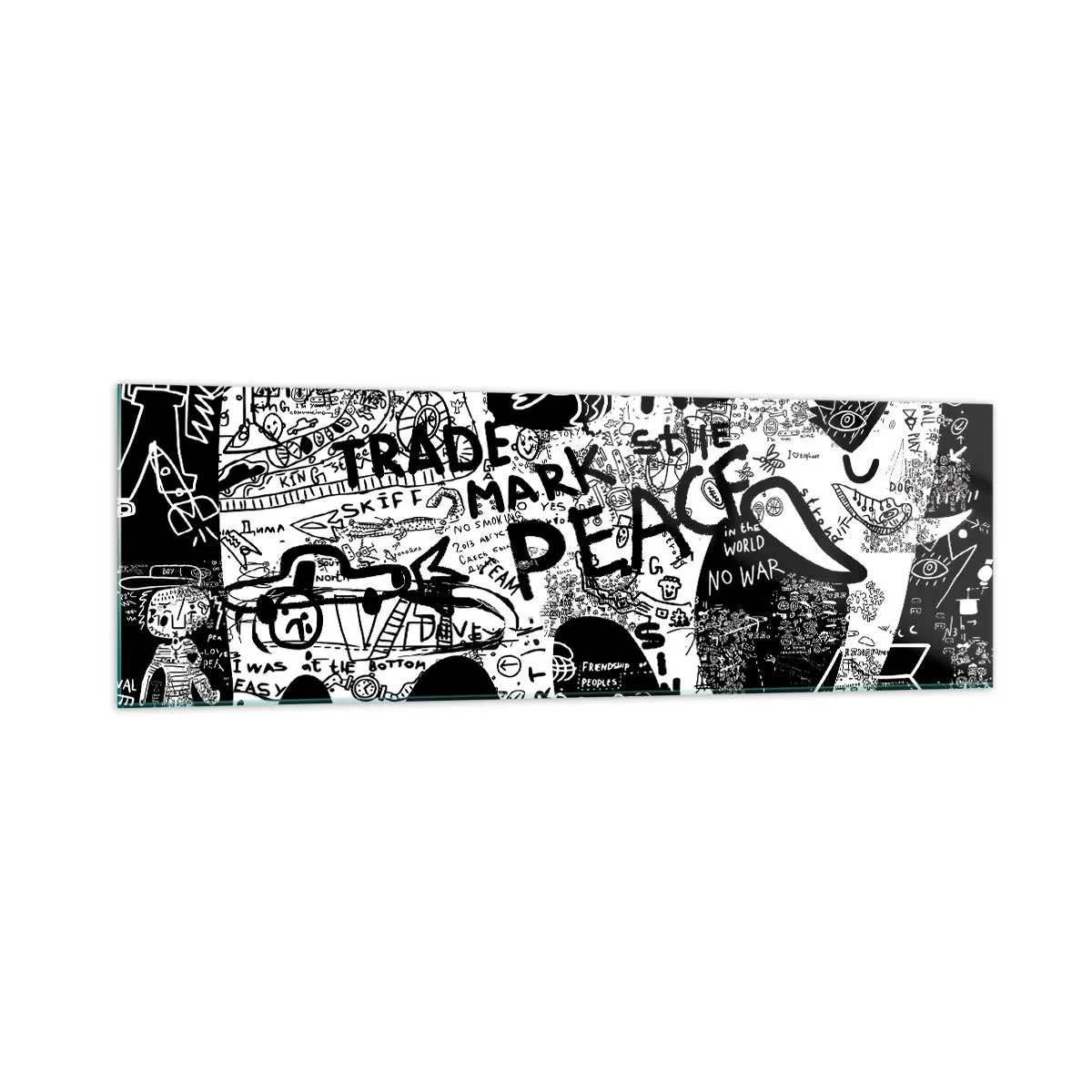 Cuadro sobre vidrio - Impresiones sobre Vidrio - Gráficos en blanco y negro con motivos de grafiti. - 160x50cm - El rico mundo de la calle - Decoración de pared moderna para salón y dormitorio ARTTOR