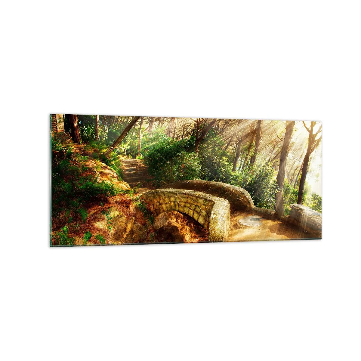 Cuadro sobre vidrio - Impresiones sobre Vidrio - Paisaje forestal con rayos de sol y un puente de piedra. - 120x50cm - Directamente desde el puente hacia el bosque de las hadas - Decoración de pared moderna para salón y dormitorio ARTTOR