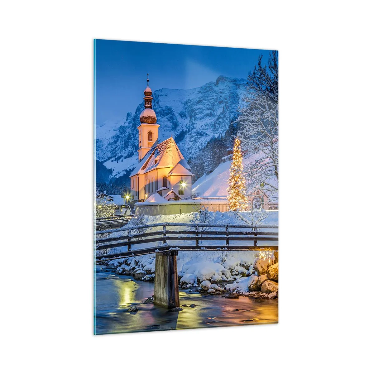 Cuadro sobre vidrio - Impresiones sobre Vidrio - Paisaje navideño en un entorno invernal - 50x70cm - El espíritu de la Navidad - Decoración de pared moderna para salón y dormitorio ARTTOR