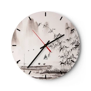 Reloj de pared - Reloj de vidrio - Un paisaje minimalista con bambú, un barco y pájaros en blanco y negro. - 30x30cm - El silencio de los arrozales - Decoración de pared moderna para salón, cocina y dormitorio ARTTOR