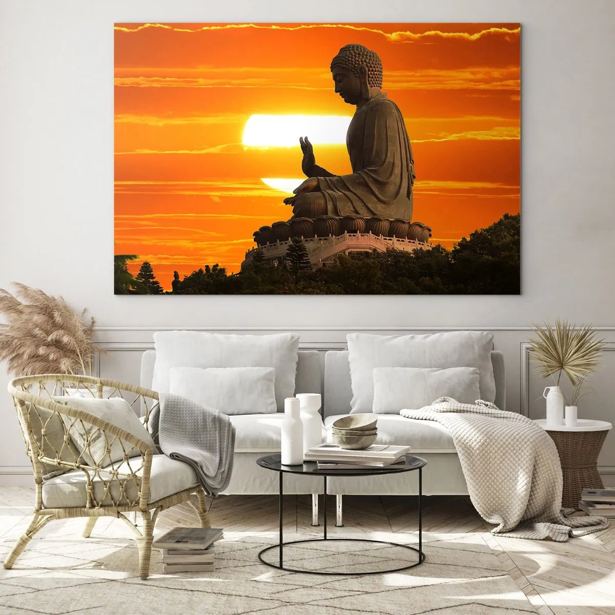 Cuadro sobre vidrio - Impresiones sobre Vidrio - Estatua de Buda con el sol poniente como telón de fondo - 120x80cm - Sin miedo al mundo - Decoración de pared moderna para salón y dormitorio ARTTOR