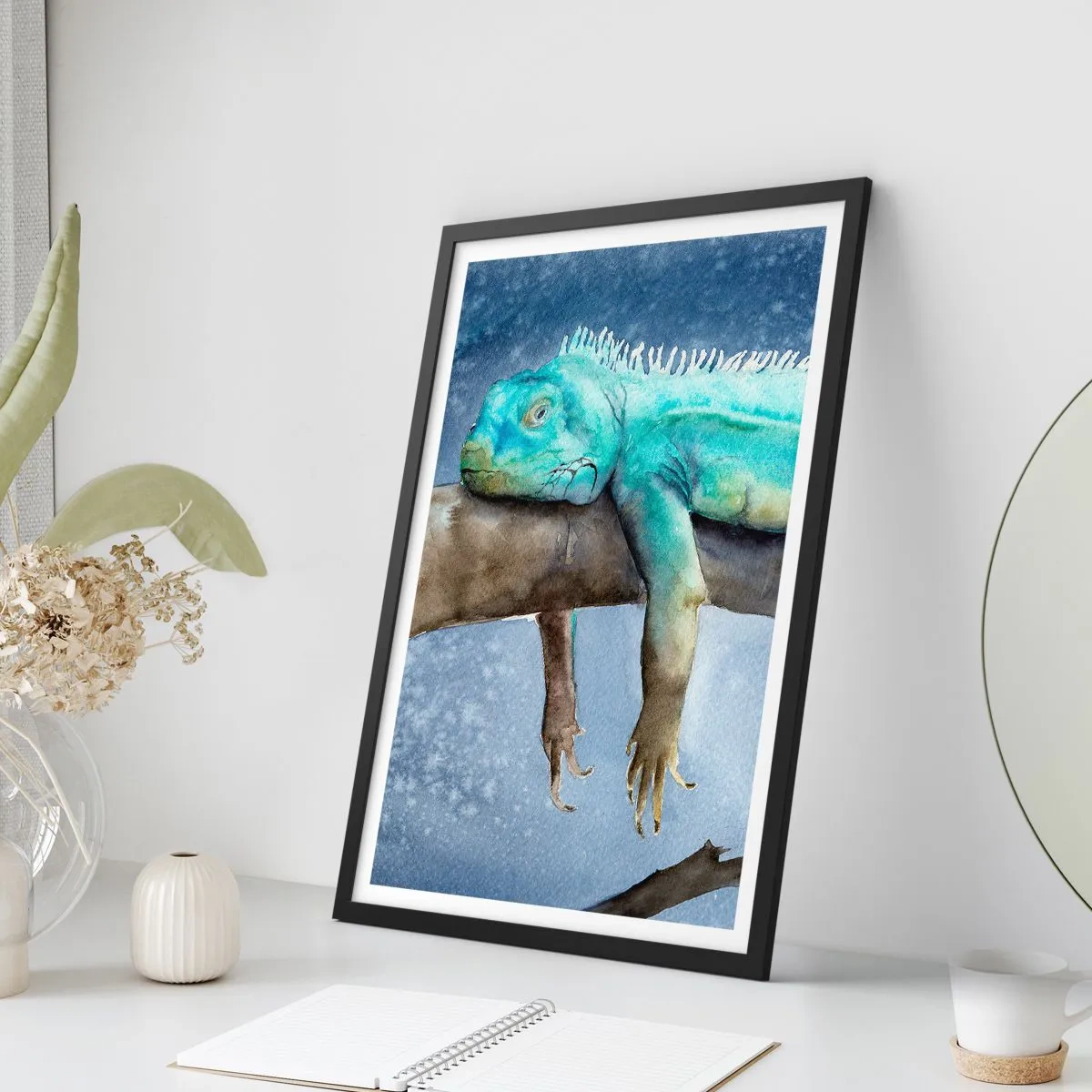 Póster en marco negro - Una pintura de acuarela de una iguana descansando en una rama. - 50x70cm - Me siento bien, ¿y tú? - Decoración de pared moderna para salón y dormitorio ARTTOR