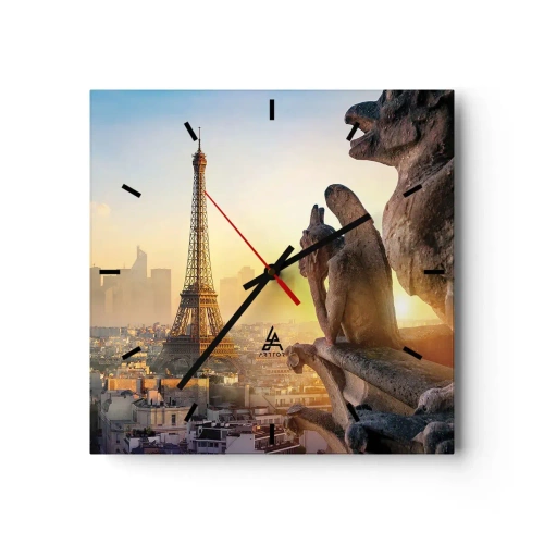 Reloj de pared - Reloj de vidrio - Vista de la Torre Eiffel con gárgolas al fondo - 30x30cm - Ha cambiado tanto la ciudad... - Decoración de pared moderna para salón y dormitorio ARTTOR