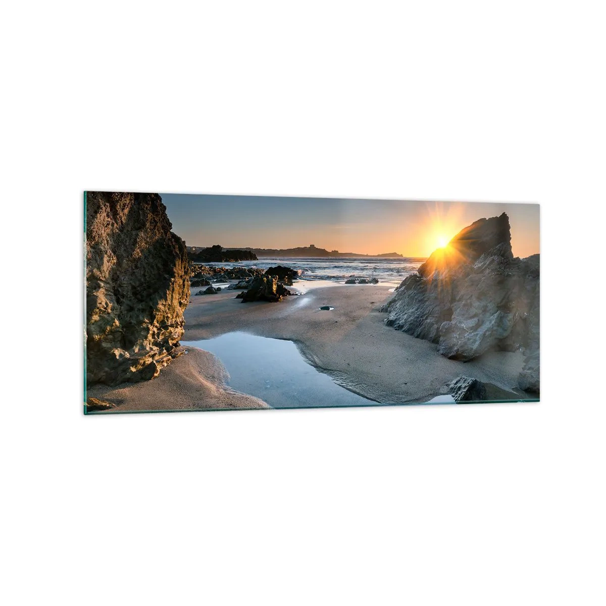 Cuadro sobre vidrio - Impresiones sobre Vidrio - Atardecer pintoresco en una playa rocosa - 120x50cm - Sin tocar por la mano del hombre - Decoración de pared moderna para salón y dormitorio ARTTOR