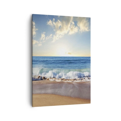 Cuadro sobre lienzo - Impresión de Imagen - Una playa soleada con olas rompiendo en la orilla. - 50x70cm - Movimiento y quietud al mismo tiempo - Decoración de pared moderna para salón y dormitorio ARTTOR