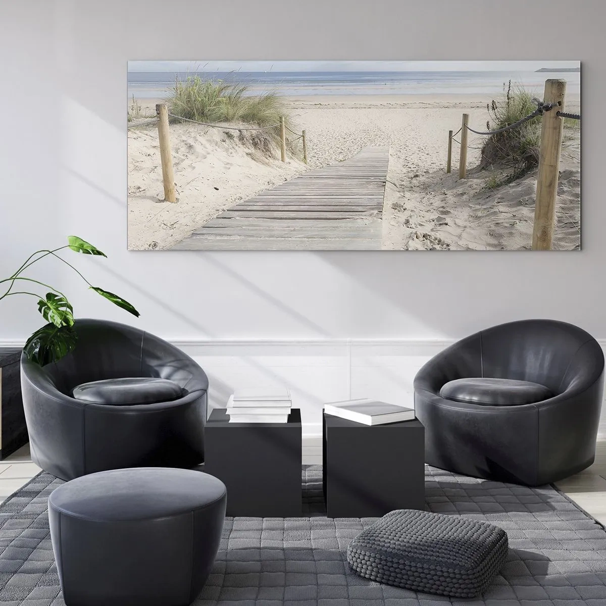 Cuadro sobre vidrio - Impresiones sobre Vidrio - Un camino de tablones que conduce a una playa de arena. - 160x50cm - Hasta el horizonte - Decoración de pared moderna para salón y dormitorio ARTTOR
