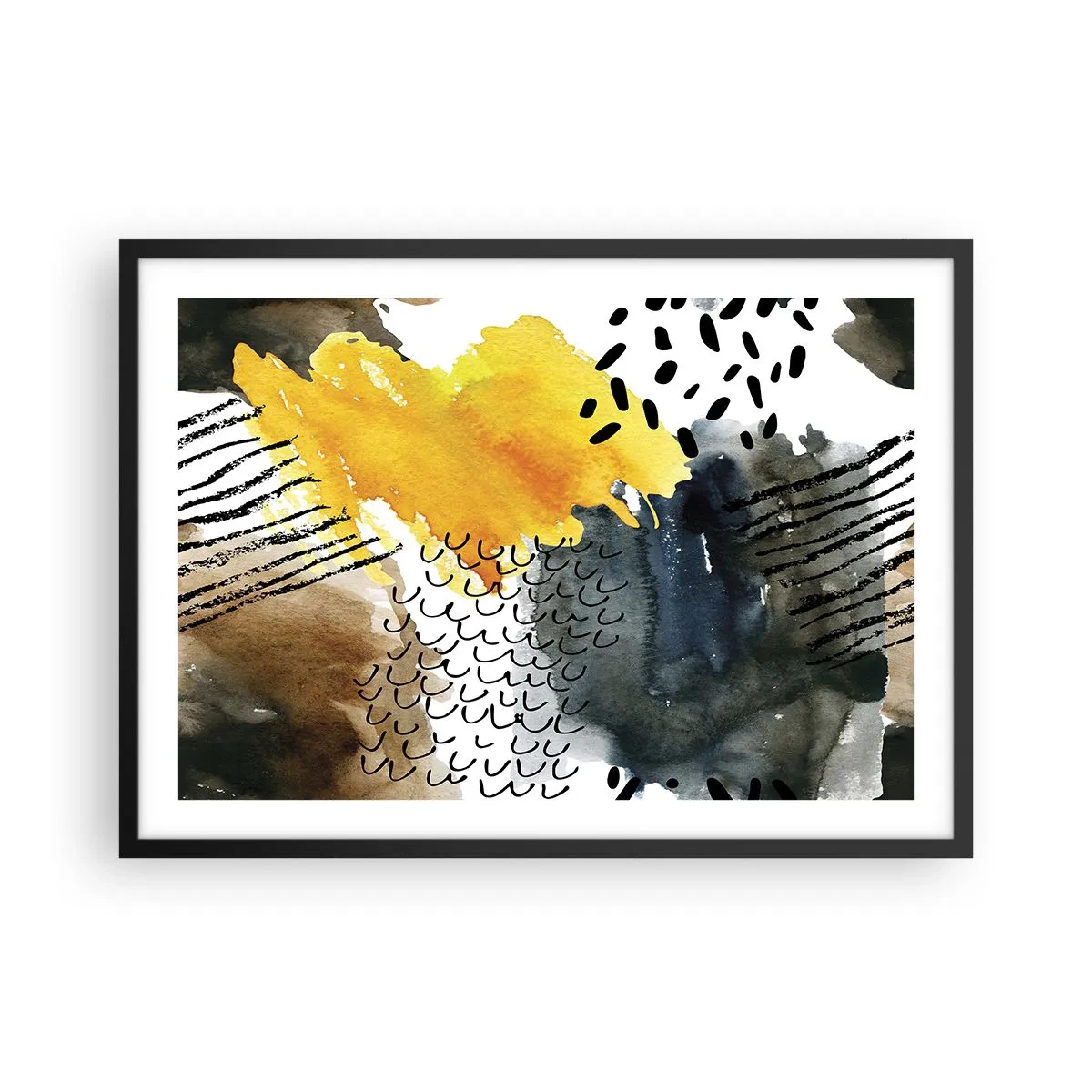 Póster en marco negro - Una composición abstracta con acentos amarillos y patrones gráficos. - 70x50cm - Reunión de los elementos - Decoración de pared moderna para salón y dormitorio ARTTOR