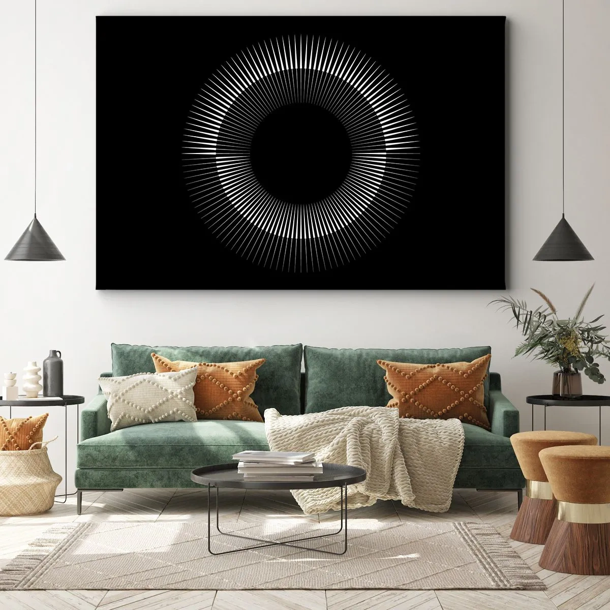 Cuadro sobre lienzo - Impresión de Imagen - Círculo gráfico con rayos en blanco y negro - 100x70cm - Sol negro - Decoración de pared moderna para salón y dormitorio ARTTOR