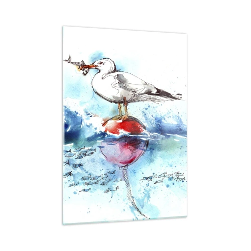 Cuadro sobre vidrio - Impresiones sobre Vidrio - Una gaviota en una boya con un pez en el fondo de las olas del mar. - 50x70cm - Una captura exitosa - Decoración de pared moderna para salón y dormitorio ARTTOR