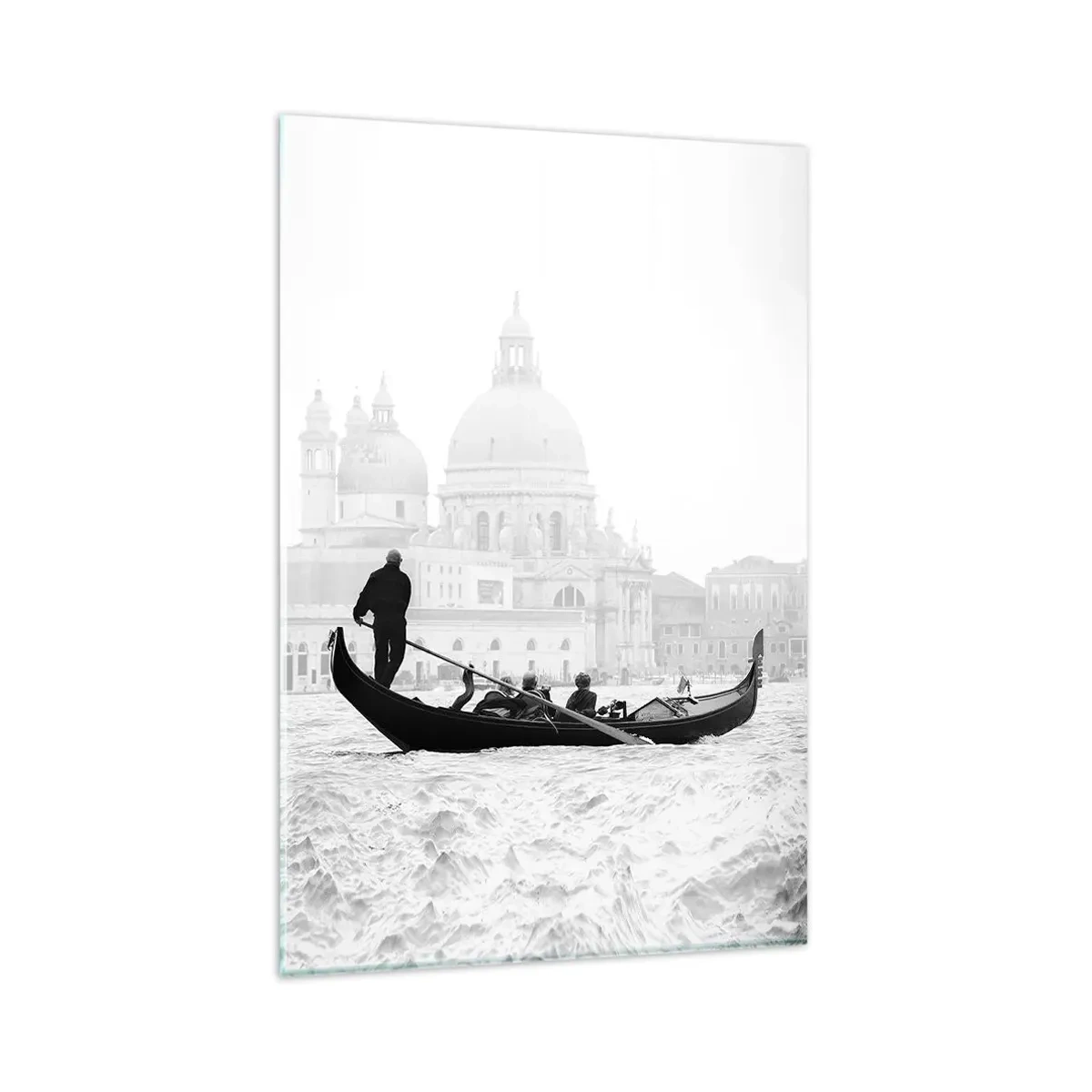 Cuadro sobre vidrio - Impresiones sobre Vidrio - Una góndola con la basílica al fondo en blanco y negro. - 80x120cm - Un viaje a la fuente de la belleza - Decoración de pared moderna para salón y dormitorio ARTTOR