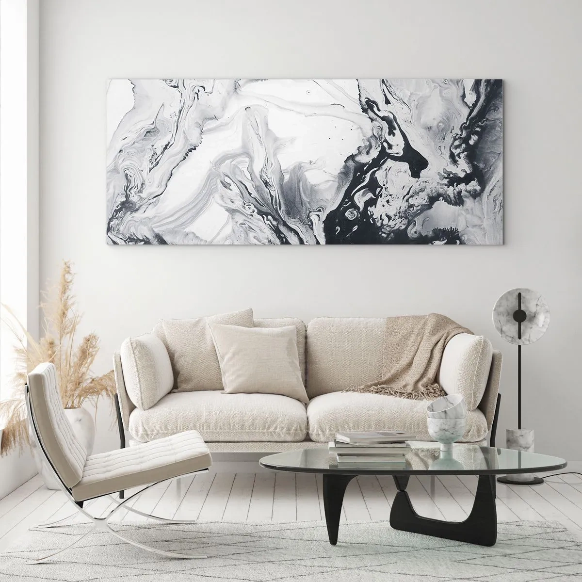 Cuadro sobre vidrio - Impresiones sobre Vidrio - Patrón abstracto monocromático con efecto mármol. - 140x50cm - Dentro de la Tierra - Decoración de pared moderna para salón y dormitorio ARTTOR