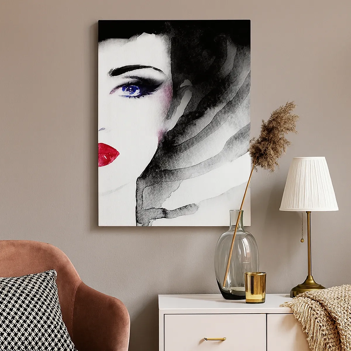 Cuadro sobre lienzo - Impresión de Imagen - Retrato de una mujer con labios rojos y ojos azules intensos. - 50x70cm - Lenguaje no verbal - Decoración de pared moderna para salón y dormitorio ARTTOR