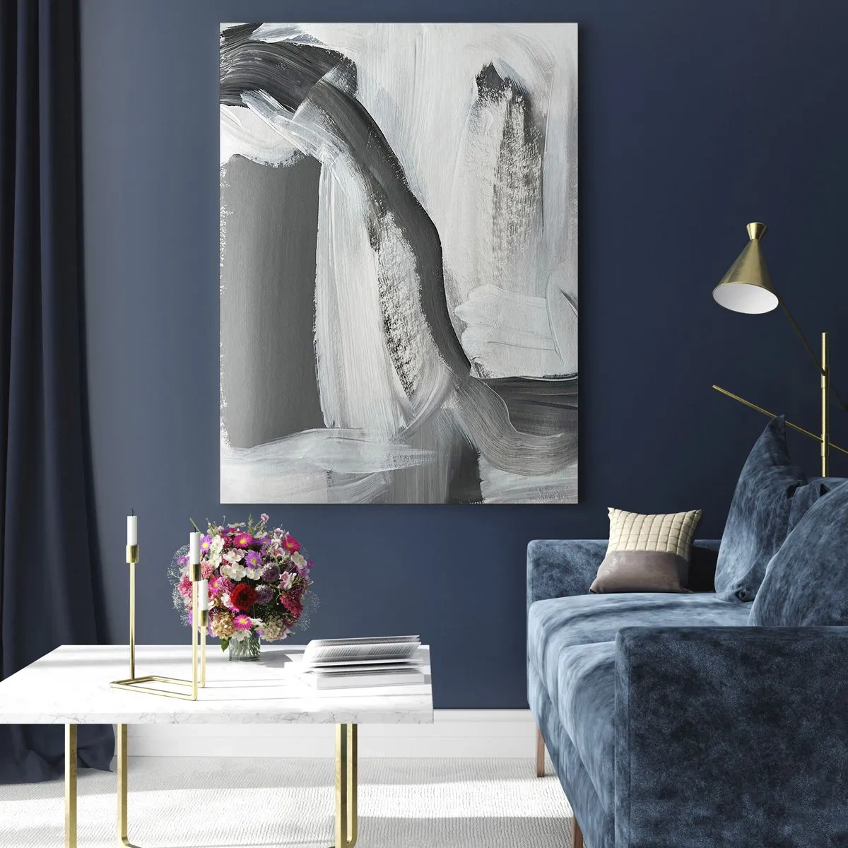 Cuadro sobre vidrio - Impresiones sobre Vidrio - Abstracción gris y blanca con líneas dinámicas. - 80x120cm - Con movimientos decididos - Decoración de pared moderna para salón y dormitorio ARTTOR