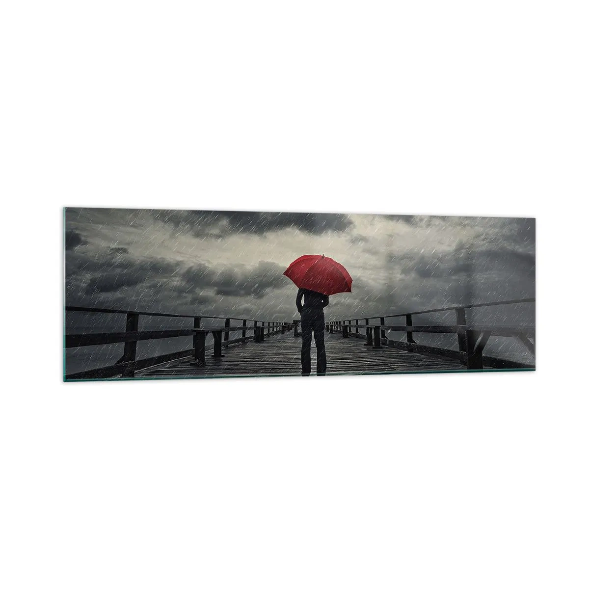 Cuadro sobre vidrio - Impresiones sobre Vidrio - Una persona con un paraguas rojo en un muelle lluvioso. - 160x50cm - No importa que llueva - Decoración de pared moderna para salón y dormitorio ARTTOR