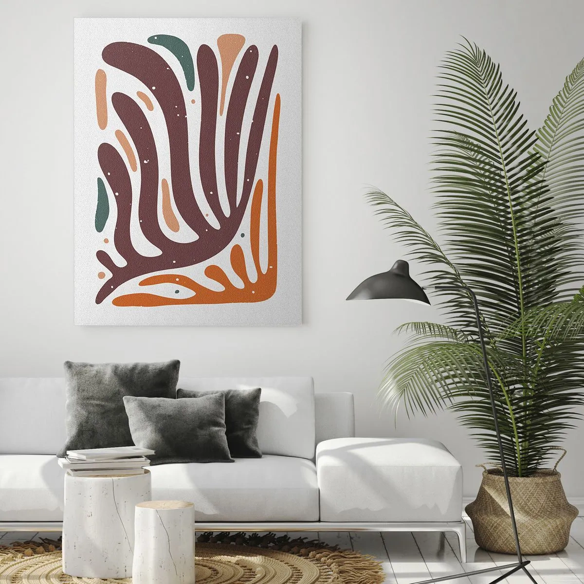 Cuadro sobre vidrio - Impresiones sobre Vidrio - Formas abstractas en tonos marrones y naranjas que irradian sobre un fondo blanco. - 50x70cm - Composición orgánica - Decoración de pared moderna para salón y dormitorio ARTTOR