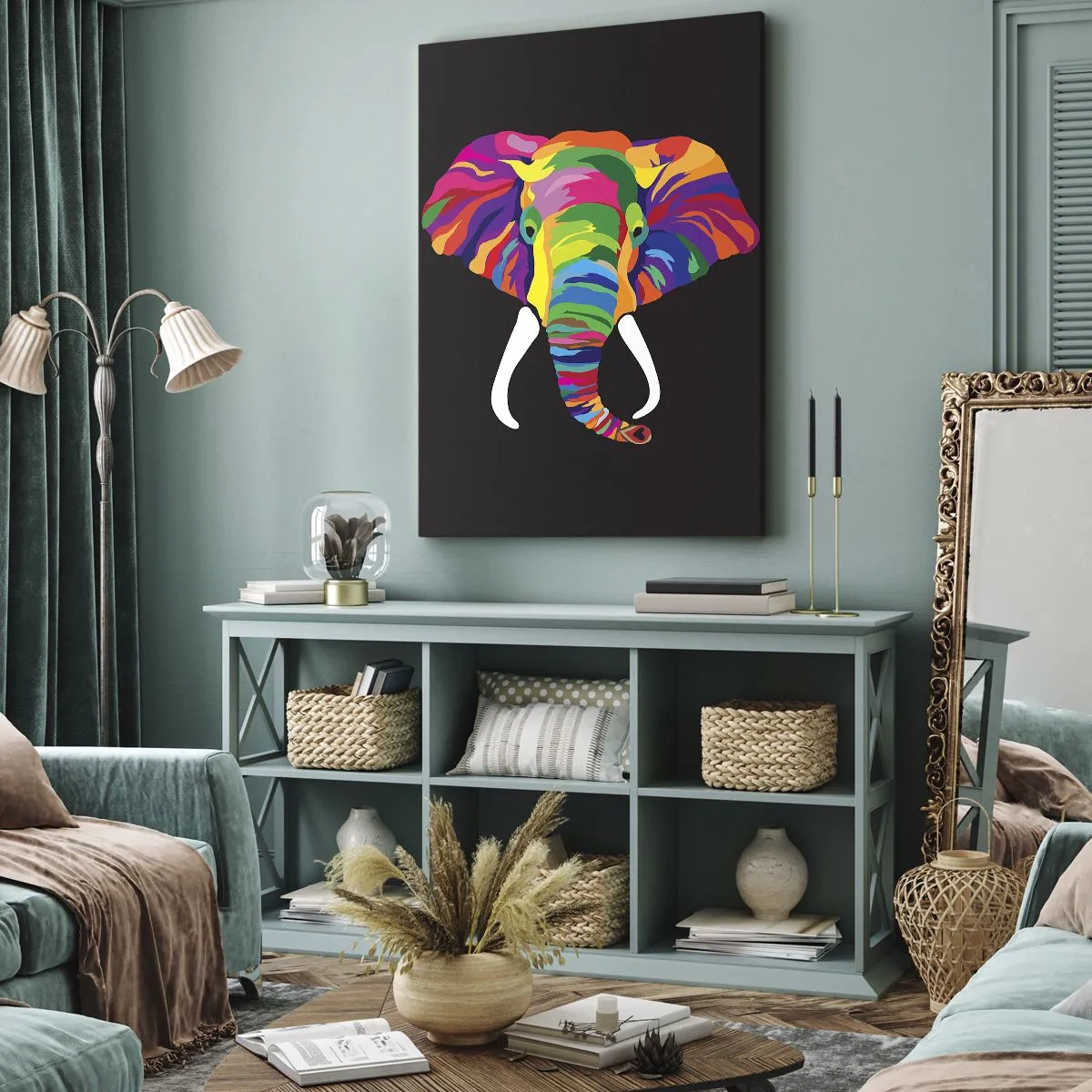 Cuadro sobre lienzo - Impresión de Imagen - El elefante al que le gustaba bañarse en el arco iris - 65x120 cm