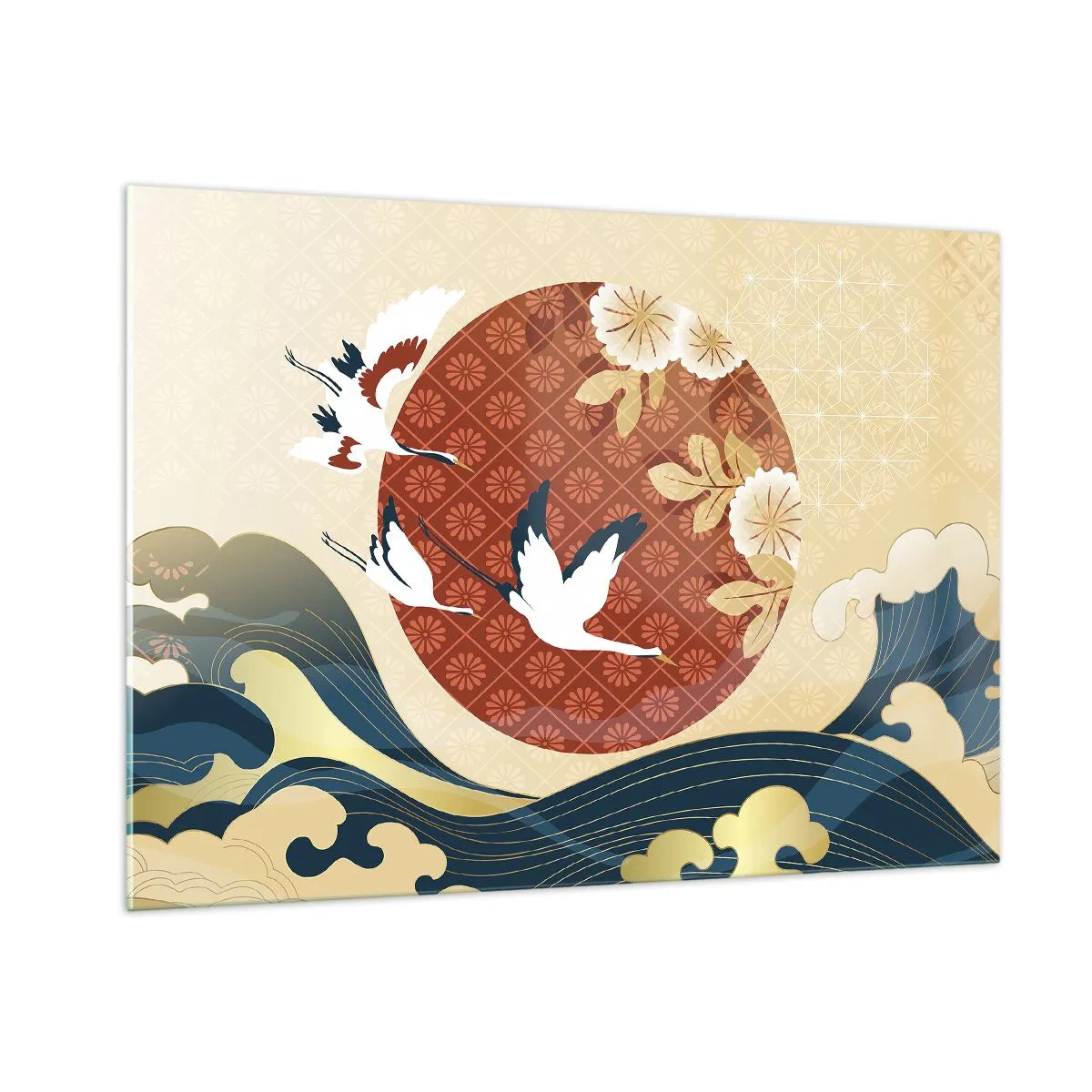 Cuadro sobre vidrio - Impresiones sobre Vidrio - Grúas japonesas sobre las olas contra un círculo rojo - 100x70cm - Un cuento de hadas japonés - Decoración de pared moderna para salón y dormitorio ARTTOR
