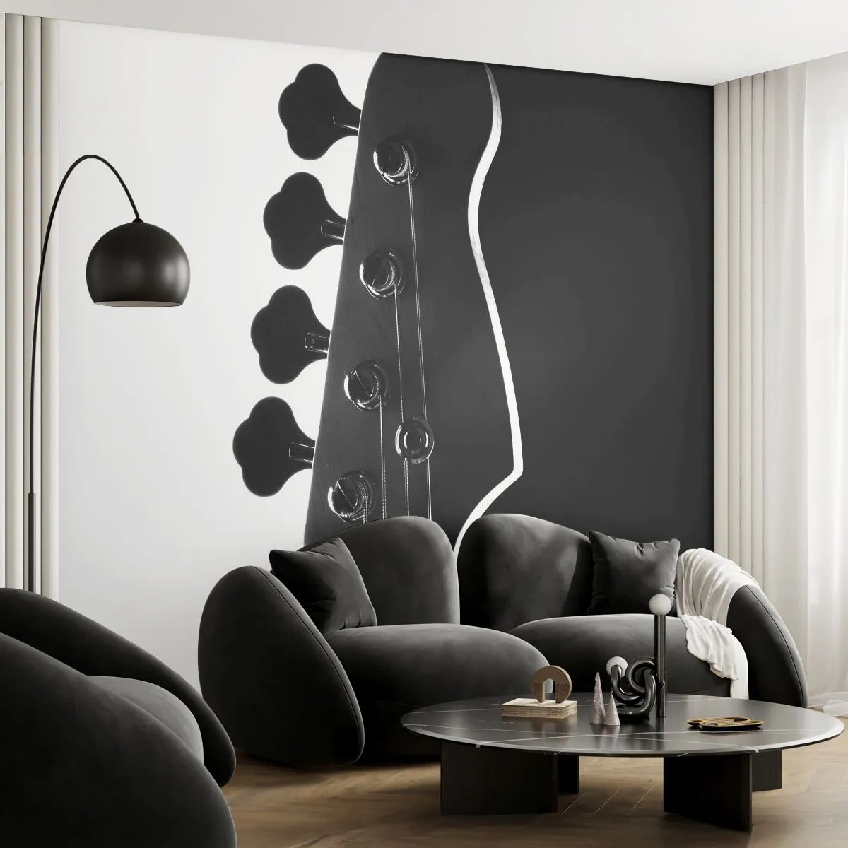 Fotomural Premium Sand - Una toma en primer plano en blanco y negro del clavijero de un bajo. - 100x70cm - Silencio musical  - Decoración de pared moderna para salón y dormitorio ARTTOR