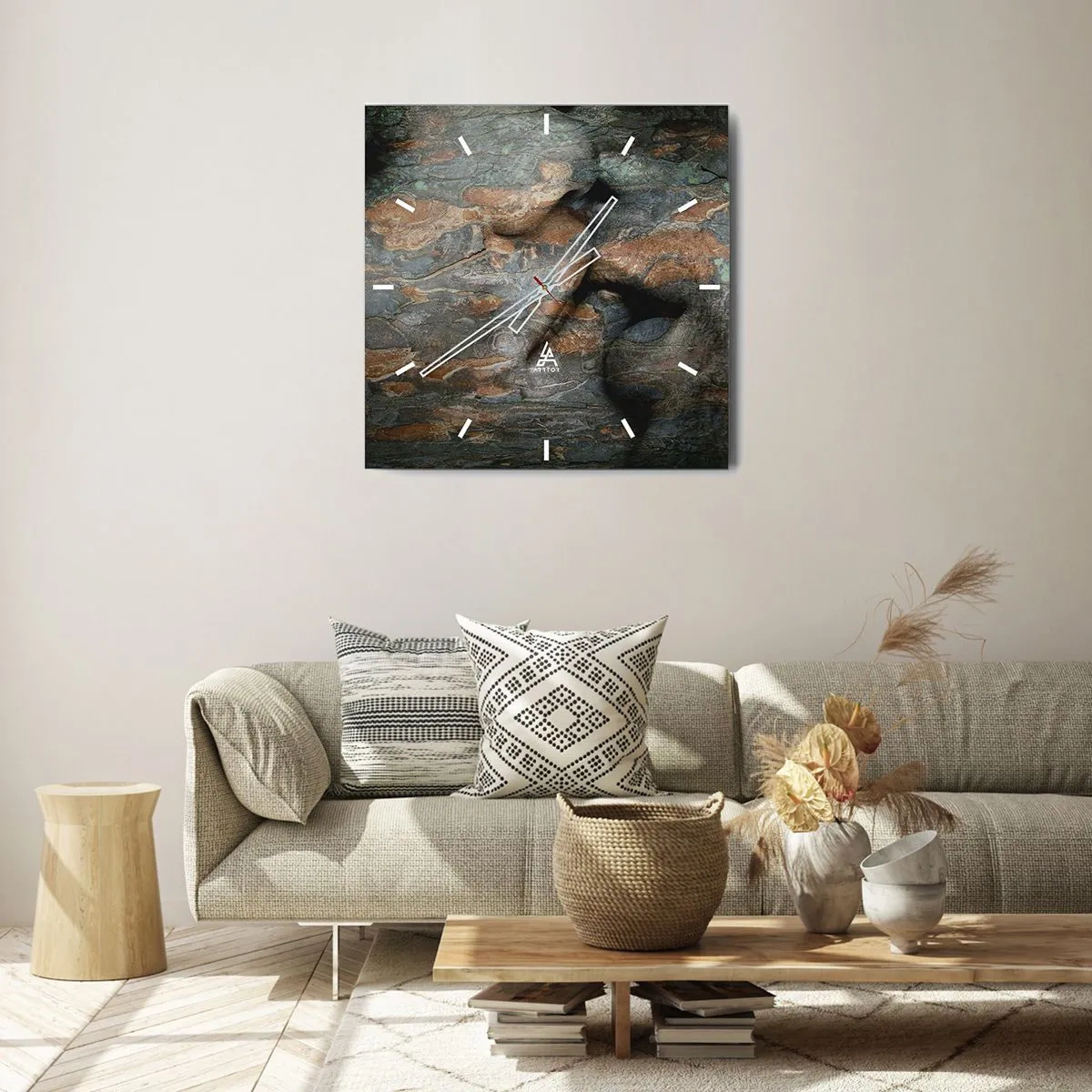 Reloj de pared - Reloj de vidrio - Un motivo artístico de un rostro tallado en roca con efecto de textura natural. - 30x30cm - Juntos para siempre - Decoración de pared moderna para salón y dormitorio ARTTOR