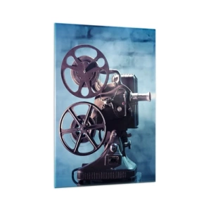 Cuadro sobre vidrio - Impresiones sobre Vidrio - Un antiguo proyector de películas que proyecta luz sobre un fondo azul. - 70x100cm - En el antiguo cine - Decoración de pared moderna para salón y dormitorio ARTTOR