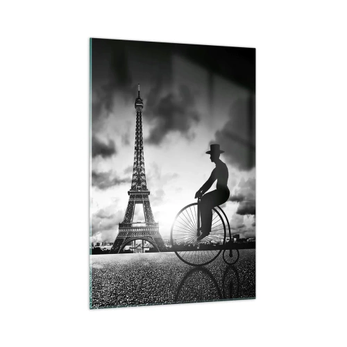 Cuadro sobre vidrio - Impresiones sobre Vidrio - Imagen en blanco y negro de una bicicleta retro con la Torre Eiffel al fondo. - 70x100cm - Añoranza de la Belle Epoque - Decoración de pared moderna para salón y dormitorio ARTTOR