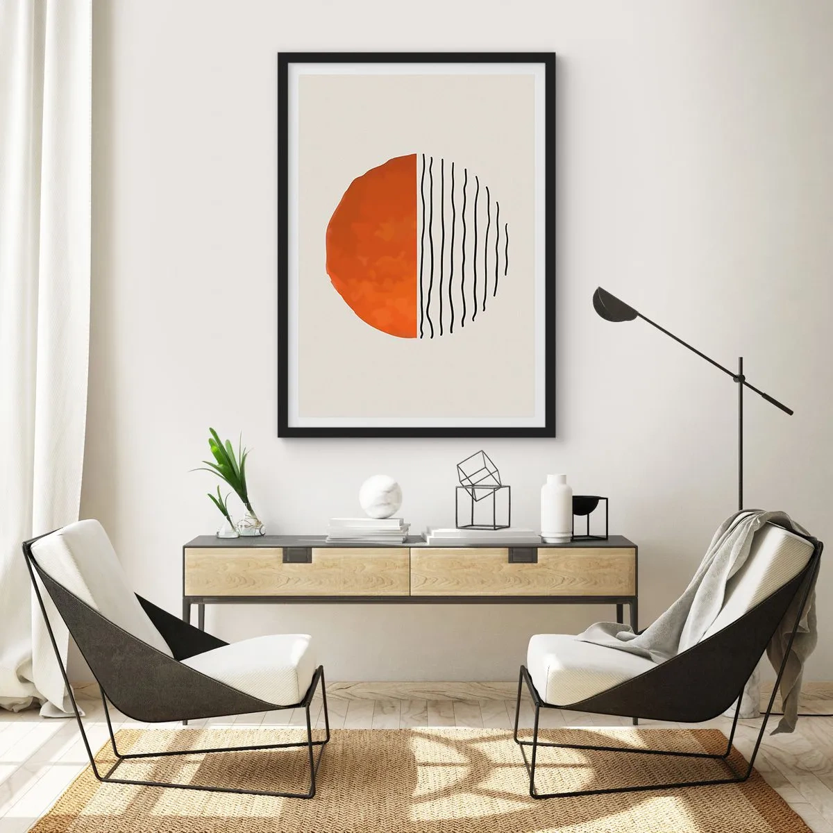 Póster en marco negro - Círculo abstracto con naranja y mitad lineal. - 50x70cm - En un ambiente japonés - Decoración de pared moderna para salón y dormitorio ARTTOR