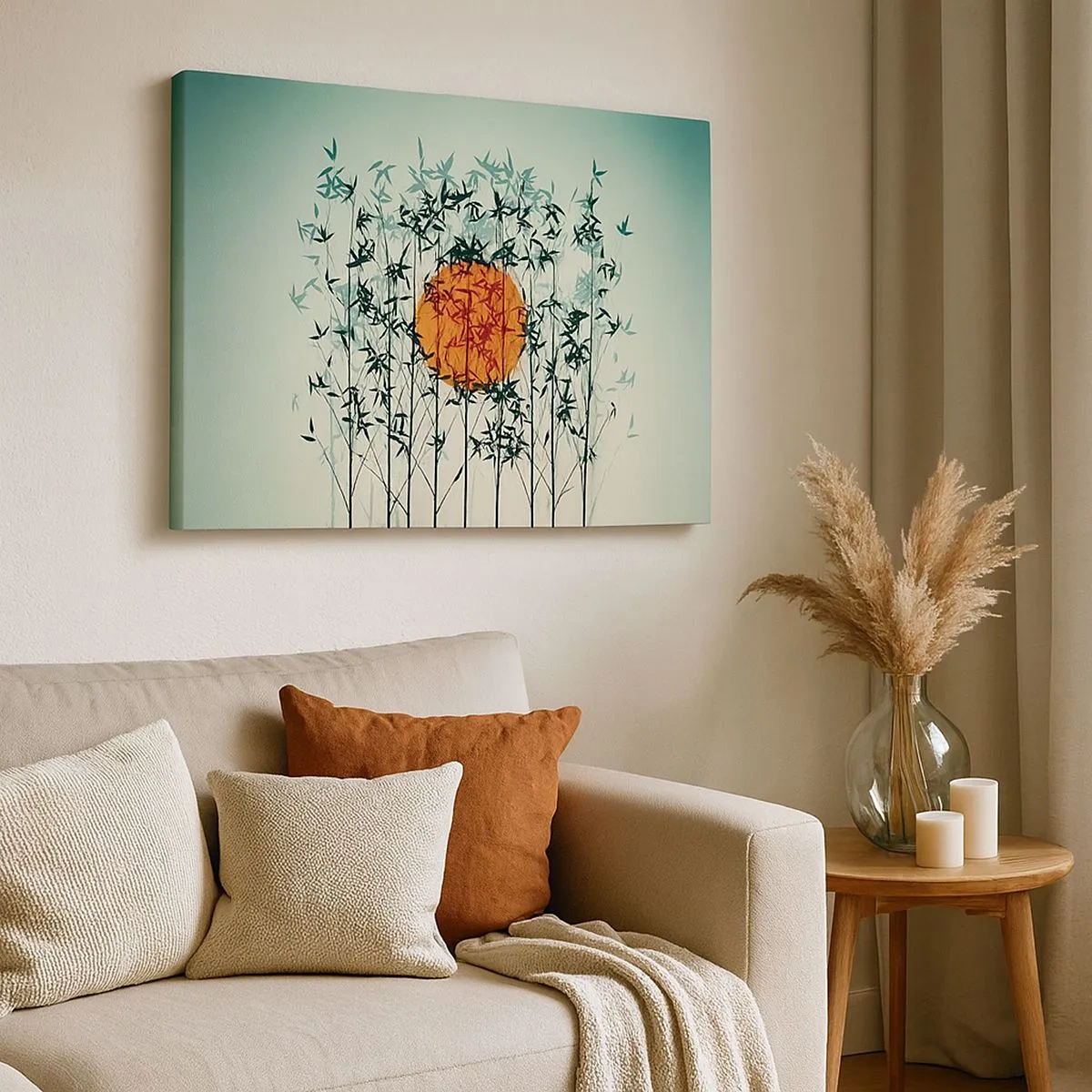 Cuadro sobre lienzo - Impresión de Imagen - Sol naranja entre las ramas de bambú. - 70x50cm - El sol de Japón - Decoración de pared moderna para salón y dormitorio ARTTOR