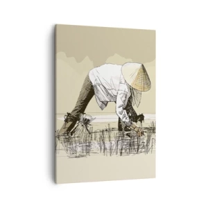 Cuadro sobre lienzo - Impresión de Imagen - Agricultores trabajando en un campo de arroz con sombreros tradicionales - 50x70cm - De una cosecha exitosa - Decoración de pared moderna para salón y dormitorio ARTTOR