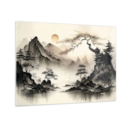 Cuadro sobre vidrio - Impresiones sobre Vidrio - Paisaje montañoso oriental con pagoda y árboles. - 70x50cm - El encanto único de Oriente - Decoración de pared moderna para salón y dormitorio ARTTOR