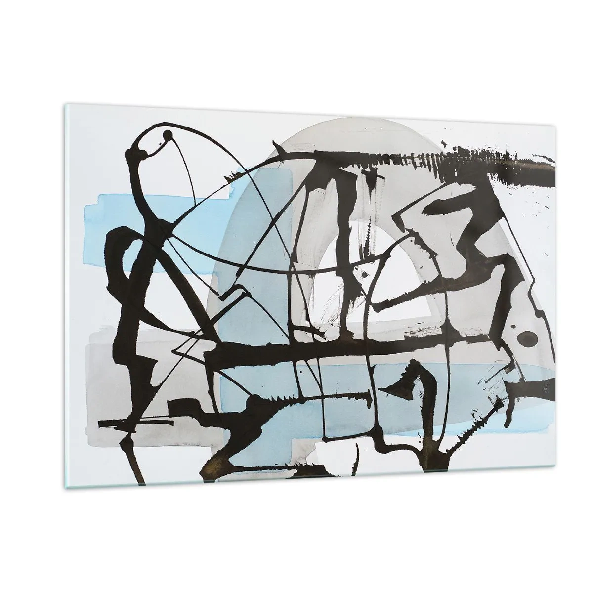 Cuadro sobre vidrio - Impresiones sobre Vidrio - Composición abstracta con un boceto negro y manchas azules. - 120x80cm - Azul a pesar de todo - Decoración de pared moderna para salón y dormitorio ARTTOR