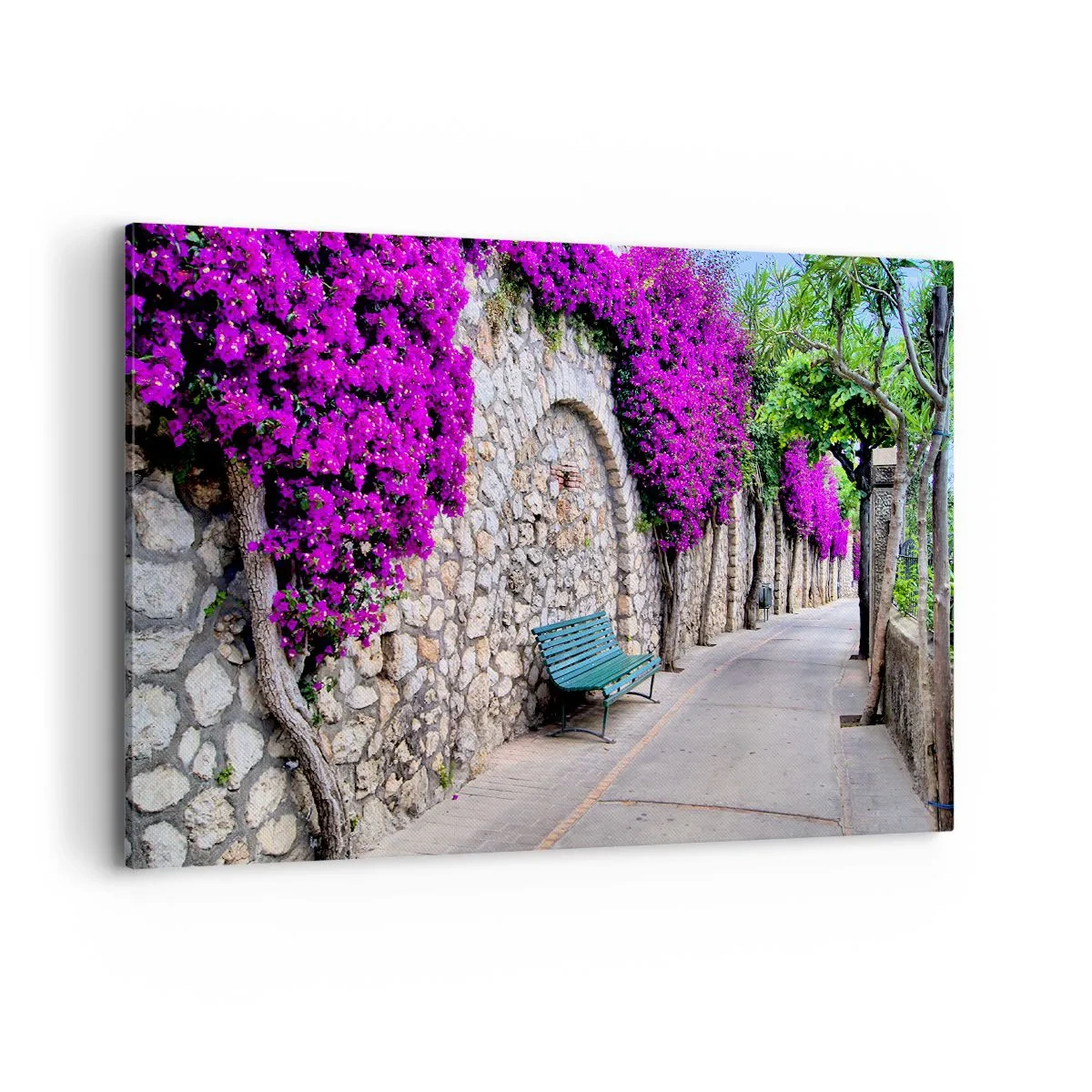 Cuadro sobre lienzo - Impresión de Imagen - Un camino de piedra con un banco y flores moradas en flor. - 100x70cm - Punto de reunión - Decoración de pared moderna para salón y dormitorio ARTTOR
