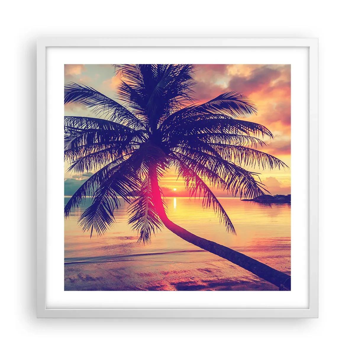 Póster en marco blanco - Atardecer bajo las palmeras - 50x50 cm