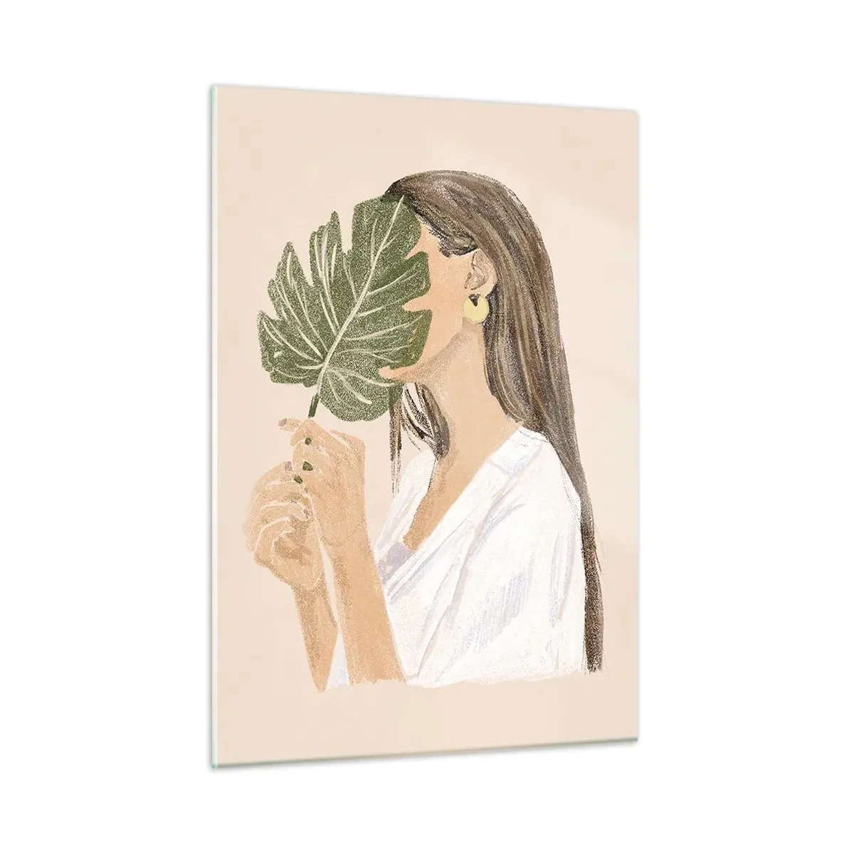 Cuadro sobre vidrio - Impresiones sobre Vidrio - Una mujer con cabello largo sosteniendo una hoja frente a su cara. - 50x70cm - Retrato misterioso con un abanico - Decoración de pared moderna para salón y dormitorio ARTTOR