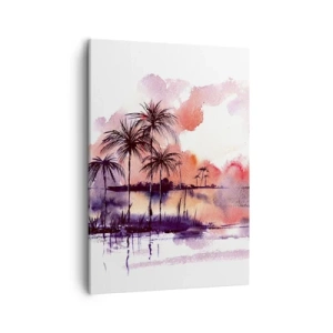 Cuadro sobre lienzo - Impresión de Imagen - Paisaje tropical con palmeras al atardecer en acuarela. - 50x70cm - La calma de los trópicos en rojo - Decoración de pared moderna para salón y dormitorio ARTTOR