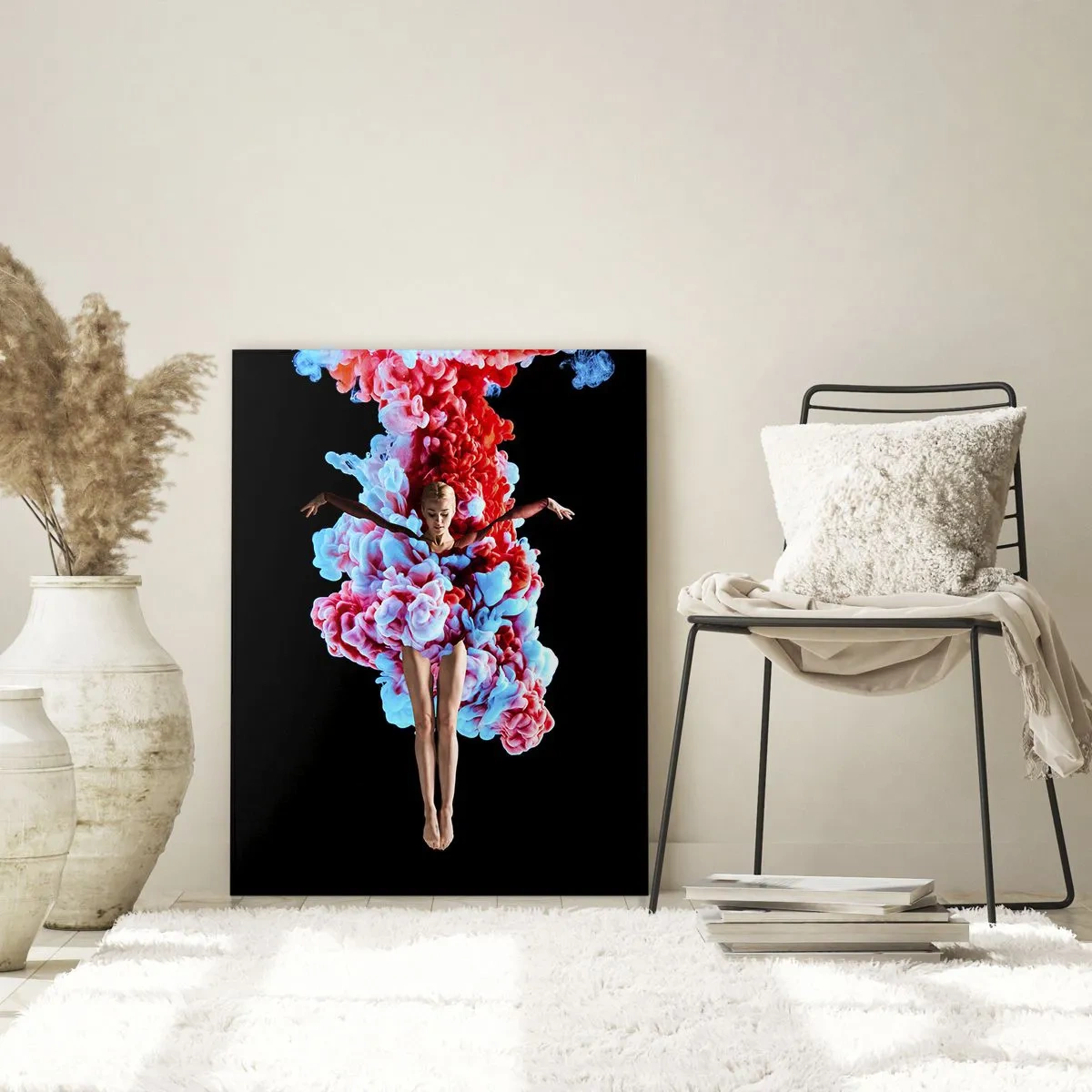 Cuadro sobre vidrio - Impresiones sobre Vidrio - Una bailarina rodeada de humo de colores sobre un fondo negro. - 50x70cm - En plena floración - Decoración de pared moderna para salón y dormitorio ARTTOR