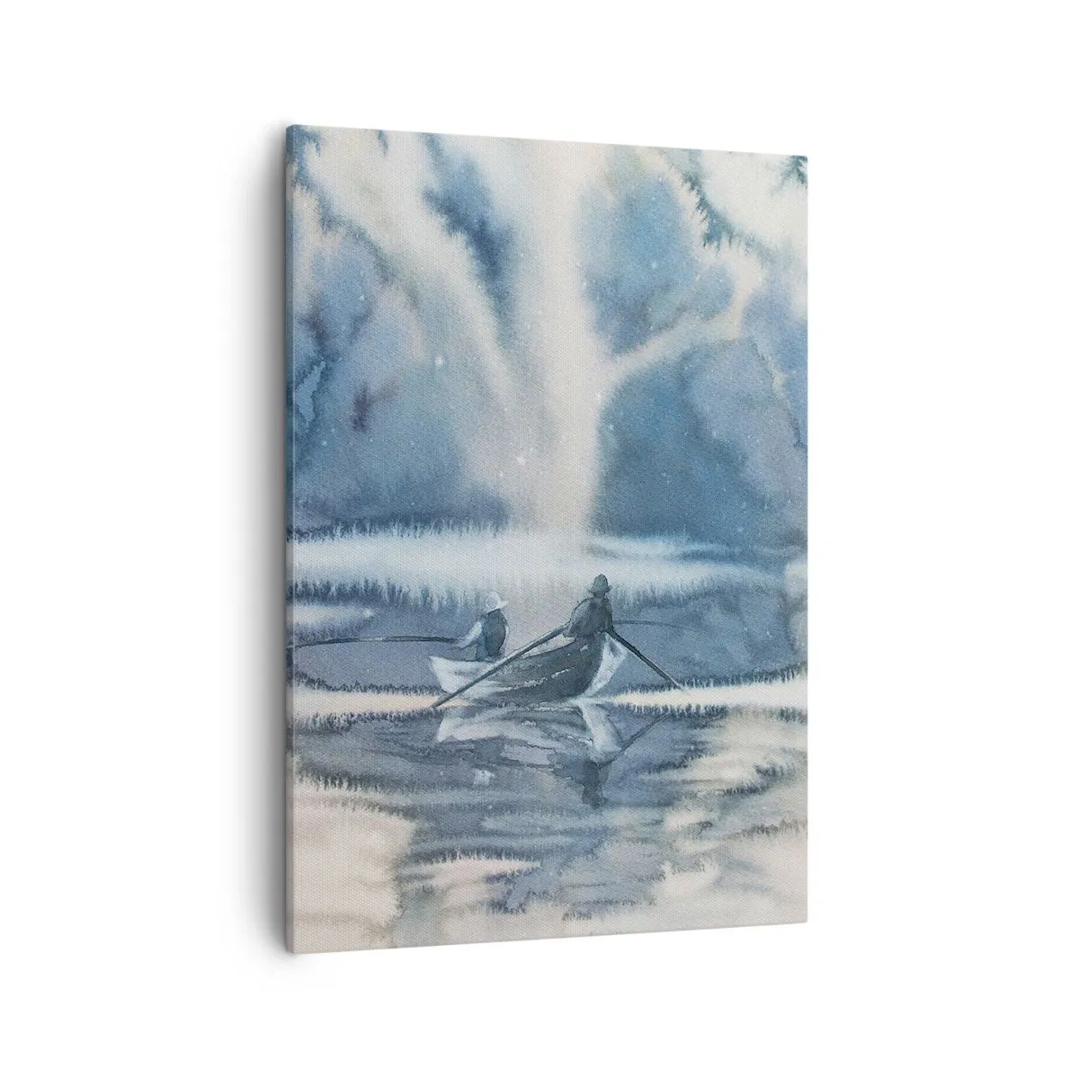 Cuadro sobre lienzo - Impresión de Imagen - Paisaje de acuarela con barcos en un lago rodeado de un bosque brumoso. - 50x70cm - Pescadores en su paraíso - Decoración de pared moderna para salón y dormitorio ARTTOR