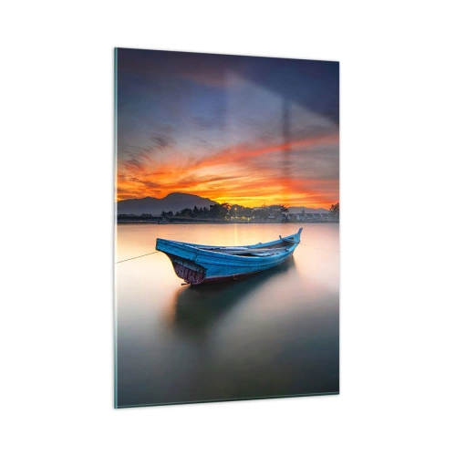Cuadro sobre vidrio - Impresiones sobre Vidrio - Barco de madera en el lago al atardecer - 50x70cm - Se avecina una buena noche - Decoración de pared moderna para salón y dormitorio ARTTOR
