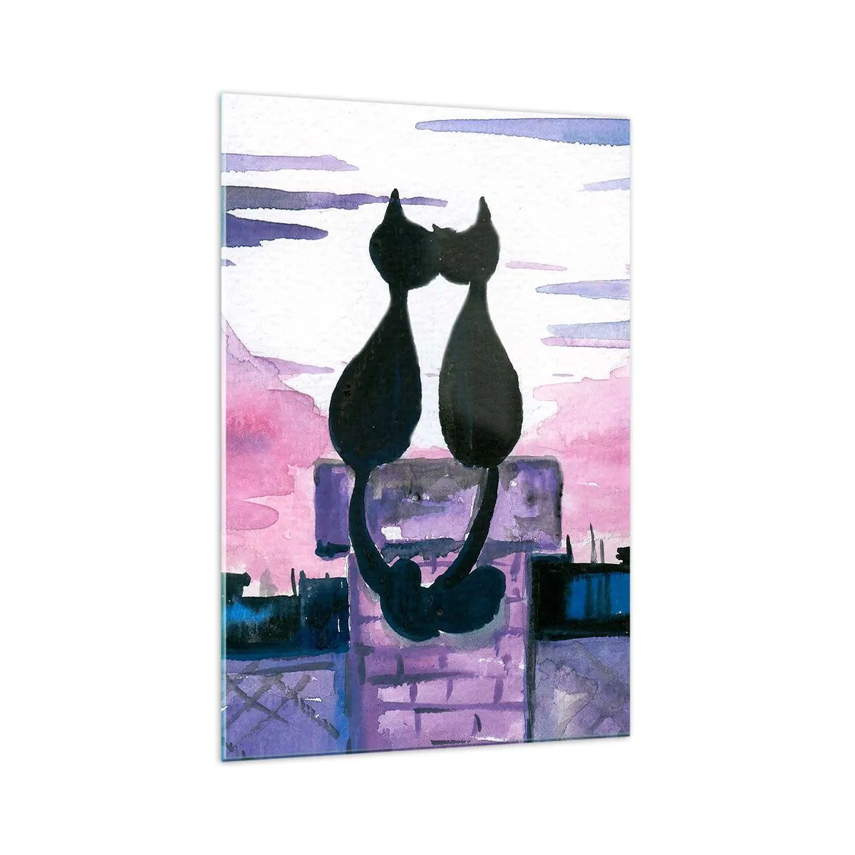 Cuadro sobre vidrio - Impresiones sobre Vidrio - Gatos negros en un tejado a la luz de la luna en un entorno de acuarela - 70x100cm - Cita bajo la luna - Decoración de pared moderna para salón y dormitorio ARTTOR