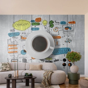Fotomural Premium Sand - Una taza de café con bocetos comerciales sobre madera al fondo. - 100x70cm - Tiempo de descanso - Decoración de pared moderna para salón y dormitorio ARTTOR