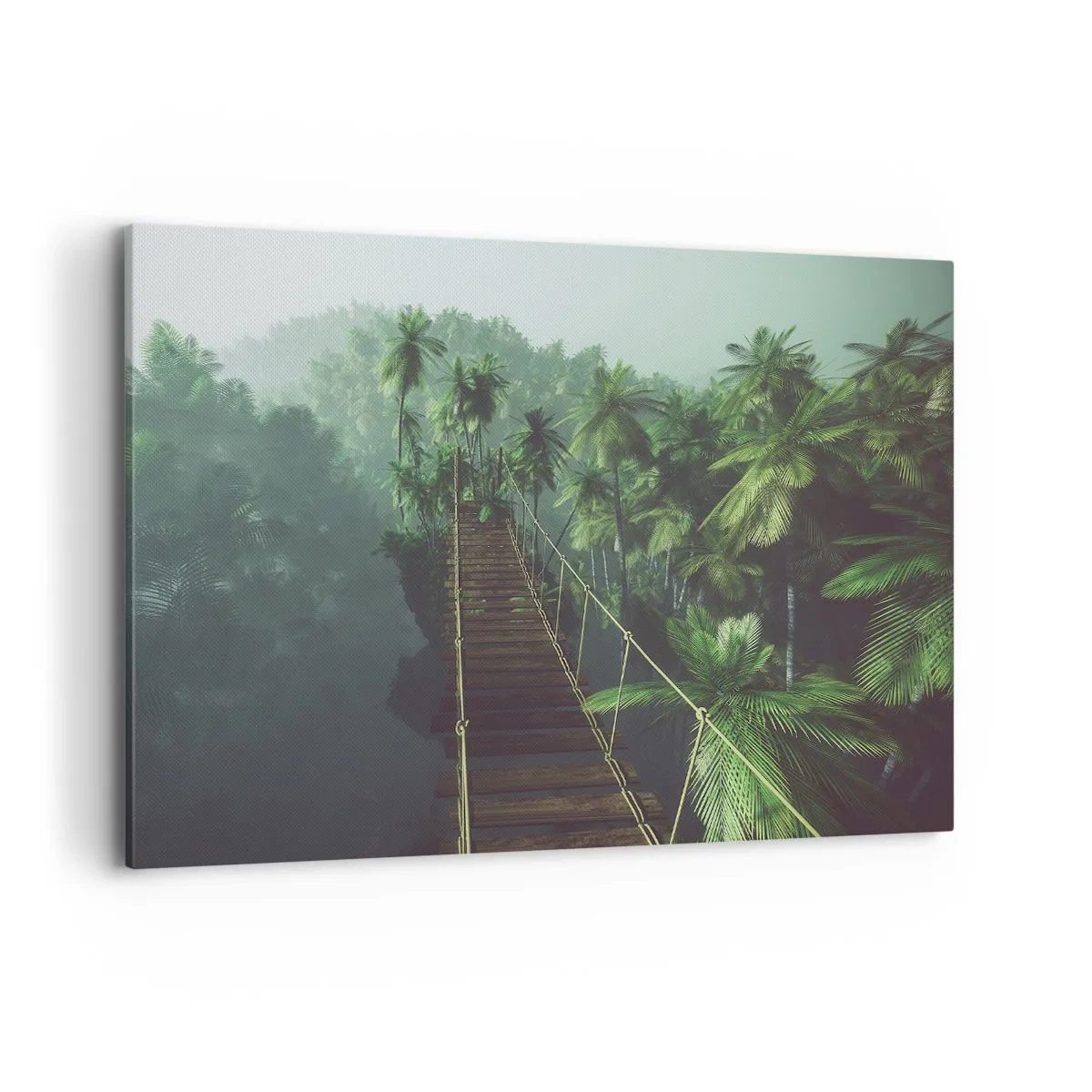 Cuadro sobre lienzo - Impresión de Imagen - Un puente colgante en un bosque tropical rodeado de niebla. - 120x80cm - Sobre un mar de verde - Decoración de pared moderna para salón y dormitorio ARTTOR
