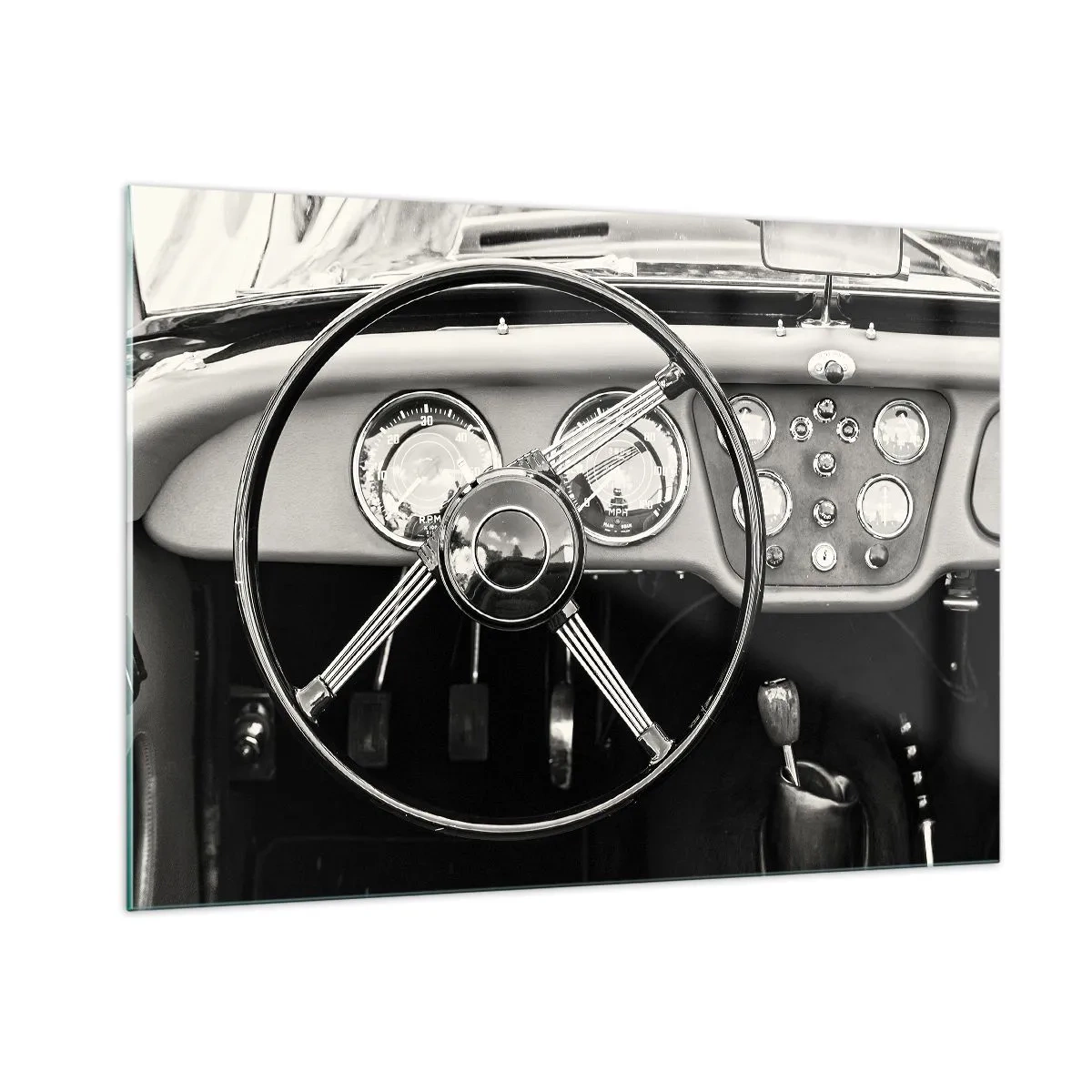 Cuadro sobre vidrio - Impresiones sobre Vidrio - El volante y los relojes de un coche clásico en sepia - 100x70cm - El sueño de un coleccionista - Decoración de pared moderna para salón y dormitorio ARTTOR