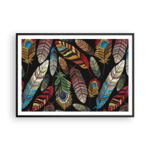 Póster en marco negro - Plumas de colores sobre un fondo negro - 100x70cm - Carnaval de las aves - Decoración de pared moderna para salón y dormitorio ARTTOR