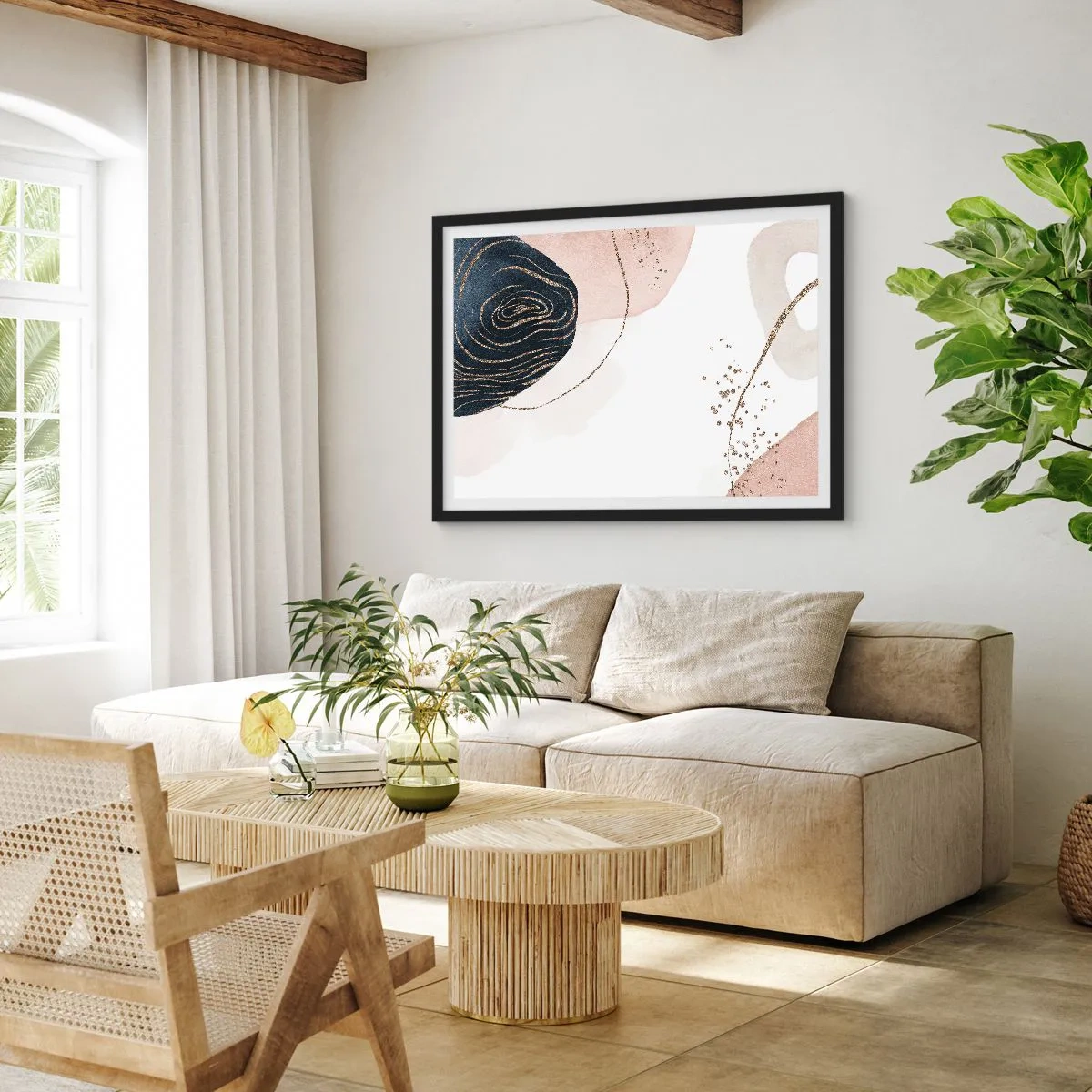 Póster en marco negro - Formas abstractas en tonos beige y azul marino con detalles dorados. - 100x70cm - Todo fluye - Decoración de pared moderna para salón y dormitorio ARTTOR