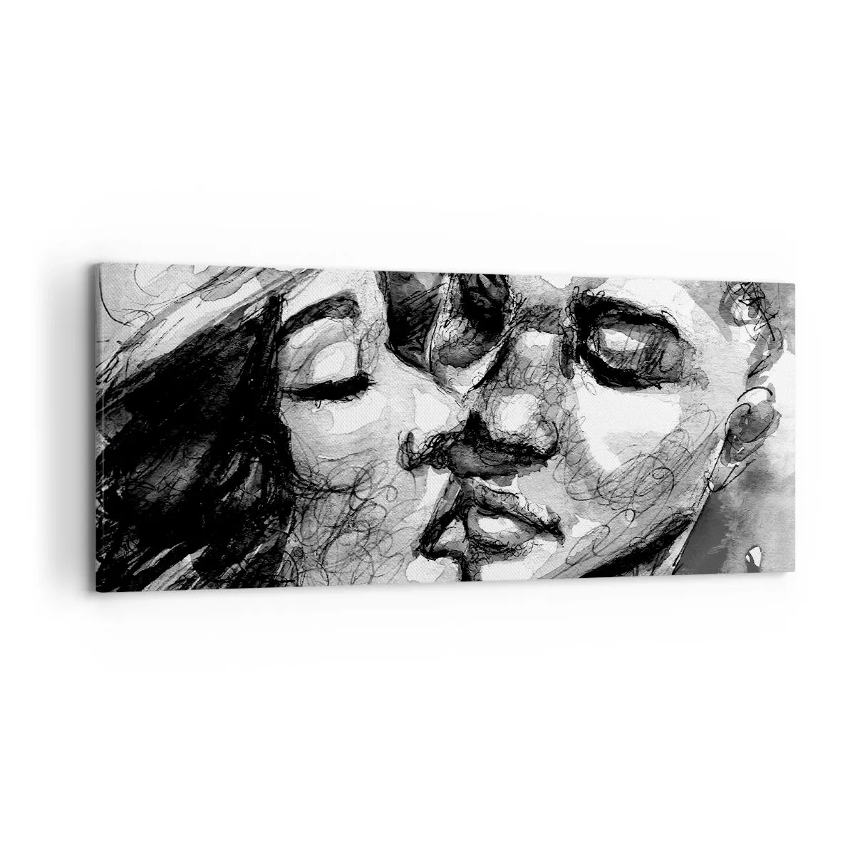 Cuadro sobre lienzo - Impresión de Imagen - Una acuarela en blanco y negro que representa un momento íntimo entre dos personas. - 120x50cm - Un momento tierno - Decoración de pared moderna para salón y dormitorio ARTTOR