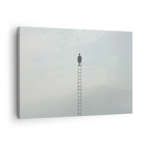 Cuadro sobre lienzo - Impresión de Imagen - Un hombre en una escalera que sube hacia el cielo. - 70x50cm - Hacia lo más alto - Decoración de pared moderna para salón y dormitorio ARTTOR