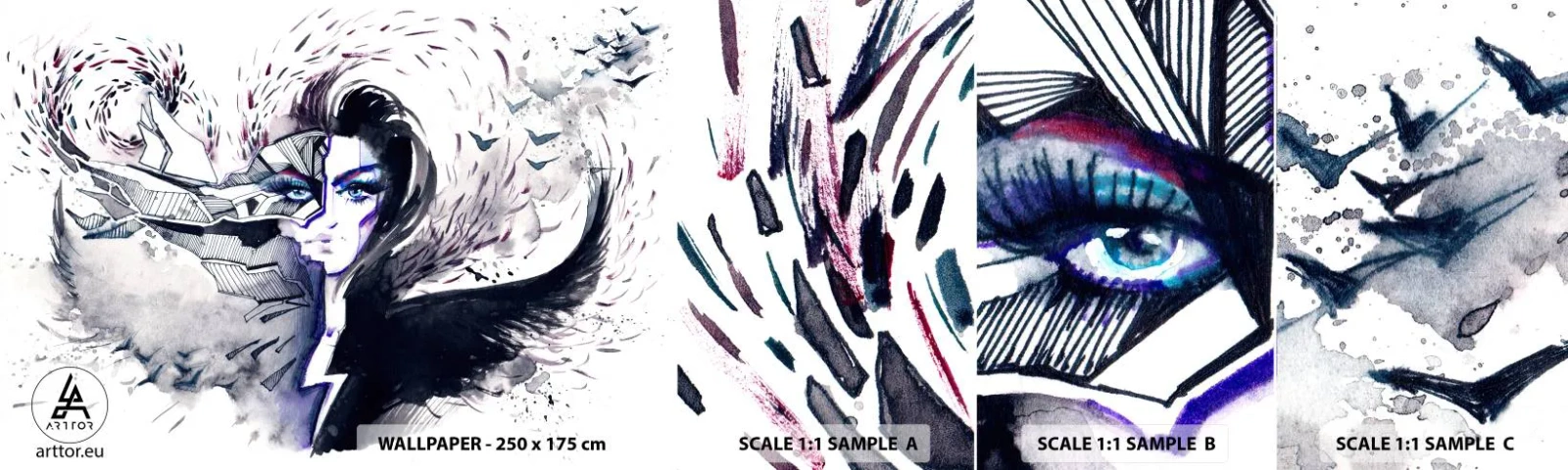 Muestra de fotomural autoadhesivo Deluxe Sticker - Demoníaca y hermosa - Abstracción, Mujer, ojos femeninos - 100x30 cm