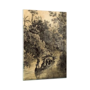Cuadro sobre vidrio - Impresiones sobre Vidrio - Dibujo de una jungla con un barco en un río. - 80x120cm - Expedición a la fuente - Decoración de pared moderna para salón y dormitorio ARTTOR