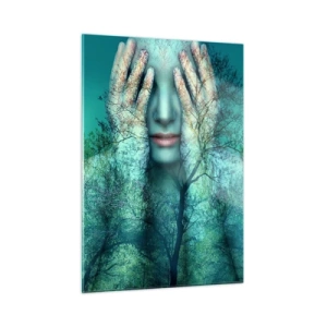 Cuadro sobre vidrio - Impresiones sobre Vidrio - Un rostro de mujer con un motivo de árbol en un entorno surrealista. - 50x70cm - Sumergida en azul - Decoración de pared moderna para salón y dormitorio ARTTOR
